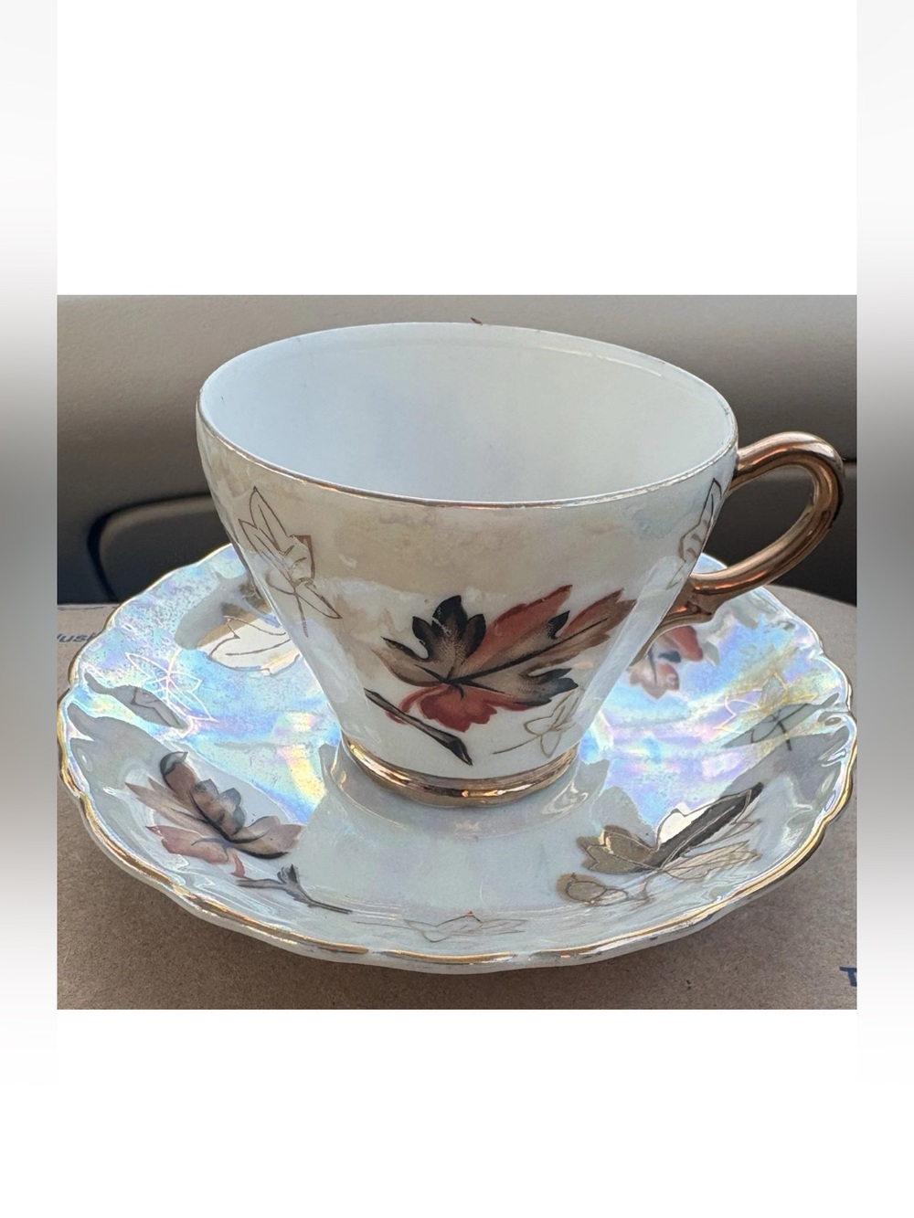 VINTAGE STERLING CHINA IRIDESCENT And Gold CUP & SAUCER Hand Painted Leaves
